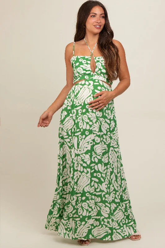 Green Printed Halter Cut-Out Maternity Maxi Dress Cozy Ribbed Maxi Dress