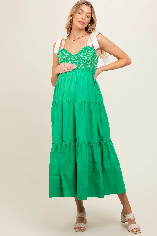 Green Ribbon Strap Tiered Maternity Maxi Dress Trendy Satin Maxi Dress