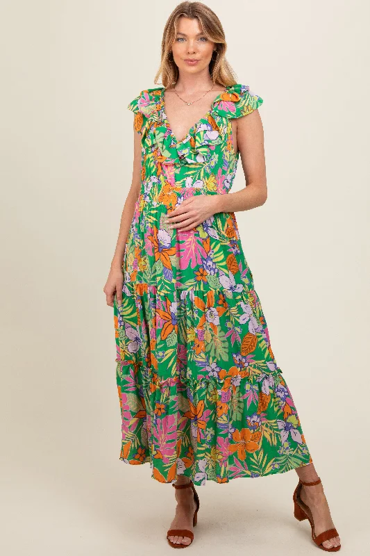 Green Ruffle V-Neck Tiered Maternity Maxi Dress Fashionable Sheer Maxi Dress