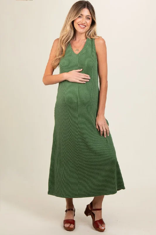 Green Sleeveless Ribbed Maternity Maxi Dress Stylish Maxi Dress with Frills