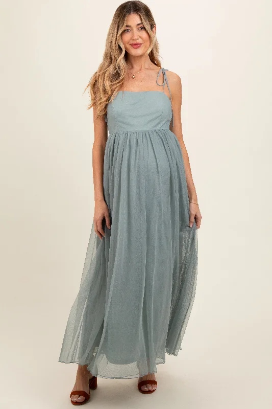 Green Square Neck Shoulder Tie Tulle Maternity Maxi Dress Elegant Tiered Maxi Dress