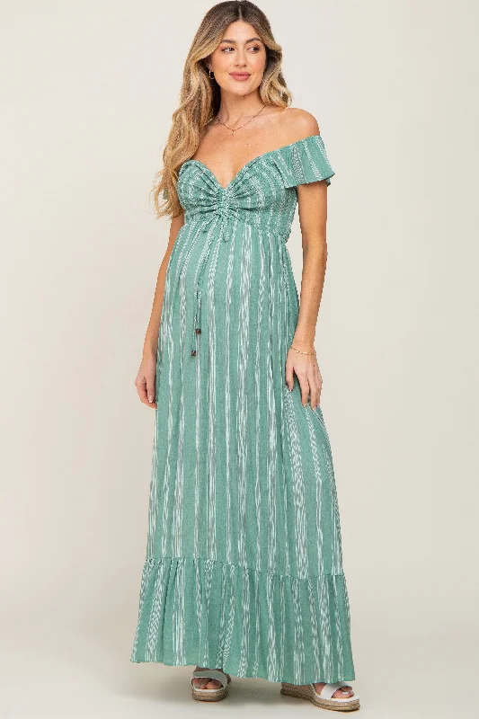 Green Striped Off Shoulder Front Tie Maternity Maxi Dress Trendy Maxi Dress with Belt Green Striped Off Shoulder Front Tie Maternity Maxi Dress Trendy Maxi Dress with Belt