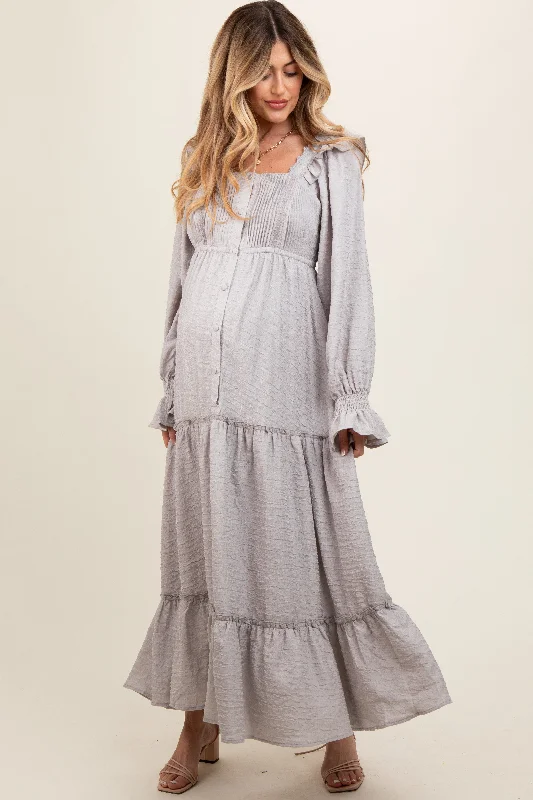 Grey Button Pleated Front Square Neck Ruffle Tiered Maternity Maxi Dress Trendy Maxi Dress with Straps Grey Button Pleated Front Square Neck Ruffle Tiered Maternity Maxi Dress Trendy Maxi Dress with Straps