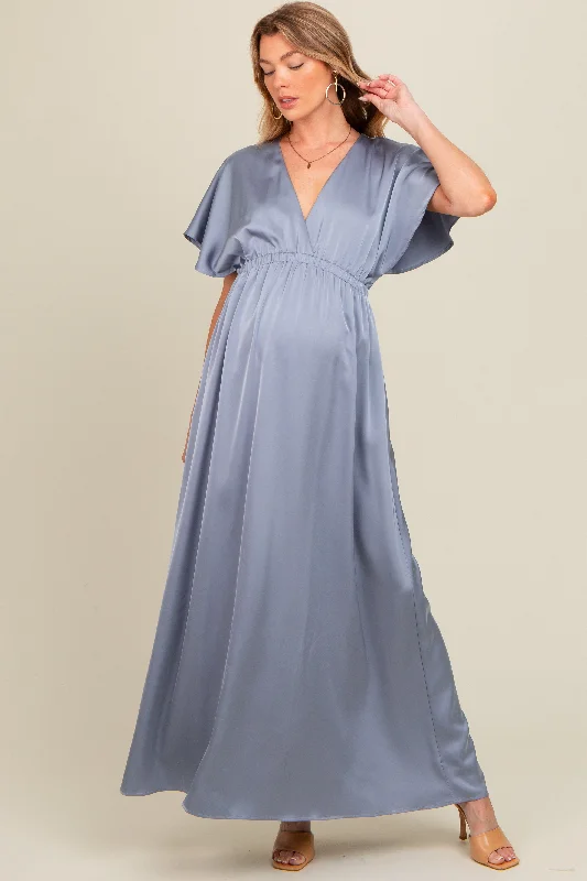 Grey Satin V-Neck Flutter Short Sleeve Maternity Maxi Dress Chic Summer Maxi Dress