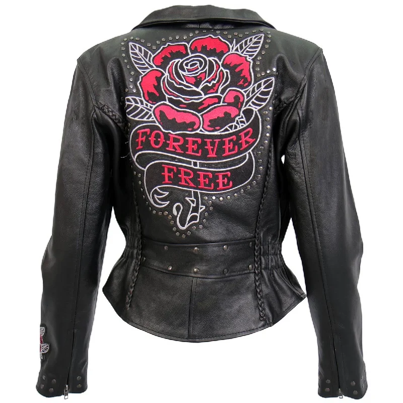 Hot Leathers JKL2001 Women's Black 'Embroidered Bling Rose Design' Braided Motorcycle Leather Jacket Satin Jacket Silk Jacket Chiffon Jacket