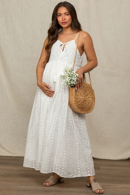 Ivory Embroidered Tassel Tie Maternity Maxi Dress Chic Summer Floral Maxi Dress