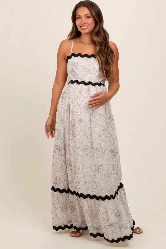 Ivory Floral Contrast Trim Maternity Maxi Dress Elegant Maxi Dress with Drapes