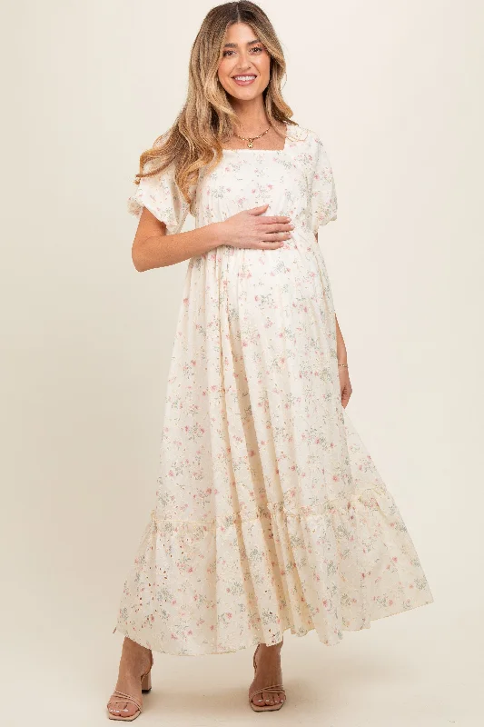 Ivory Floral Eyelet Puff Sleeve Maternity Maxi Dress Classic Solid Maxi Dress