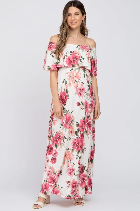 Ivory Floral Off Shoulder Flounce Maternity Maxi Dress Classic Tulle Maxi Dress