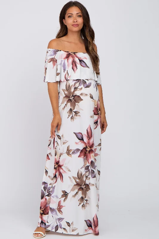 Ivory Floral Off Shoulder Maternity Maxi Dress Fashionable Sleeveless Maxi Dress