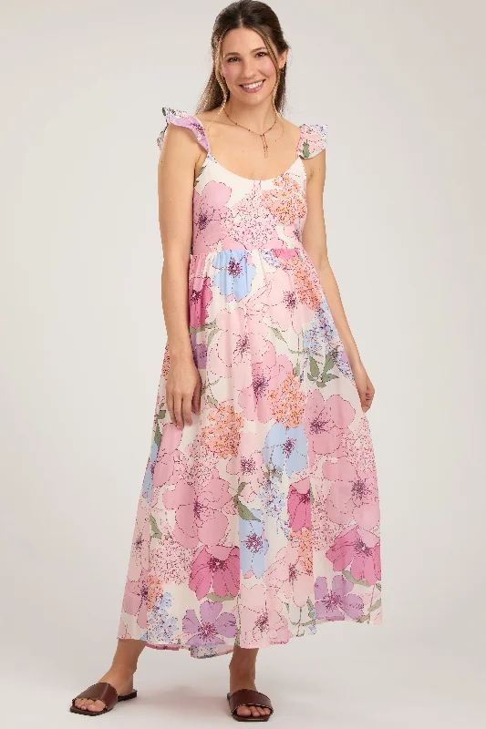 Ivory Floral Tie Back Maternity Maxi Dress Trendy Fit-and-Flare Maxi Dress