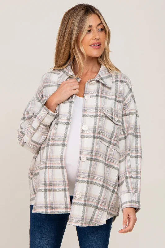 Ivory Plaid Maternity Shirt Jacket Hooded Jacket Caped Jacket Shawl Collar Jacket