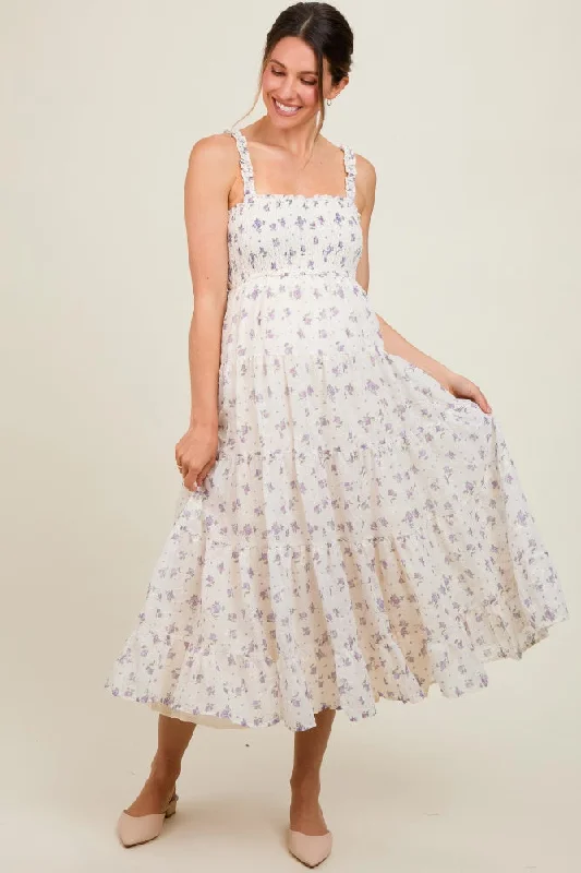Ivory Smocked Embroidered Floral Maternity Maxi Dress Cozy Ruffle Sleeve Maxi Dress