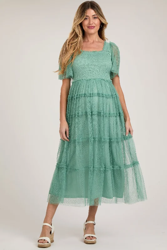 Jade Ruffled Mesh Maternity Maxi Dress Fashionable Maxi Dress with Fringe