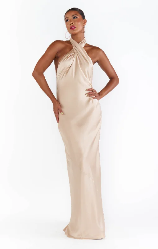 Jasmine Halter Maxi Dress ~ Champagne Luxe Satin Fashionable High-Low Maxi Dress