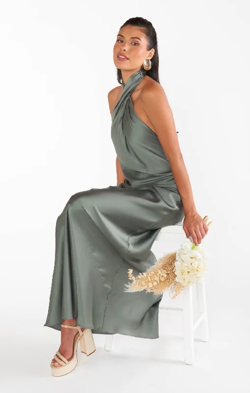 Jasmine Halter Maxi Dress ~ Deep Sage Luxe Satin Comfortable Ruffle Maxi Dress