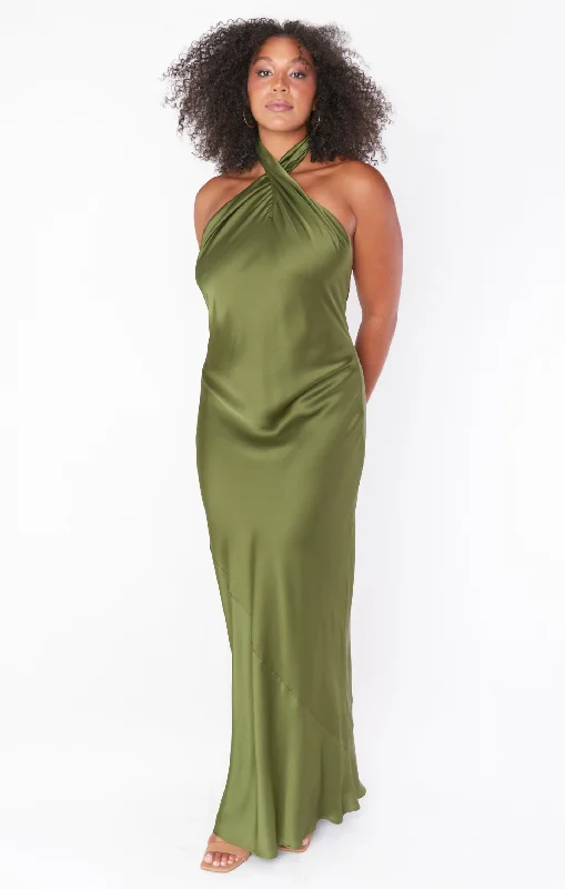 Jasmine Halter Maxi Dress ~ Rich Olive Luxe Satin Elegant Floral Maxi Dress
