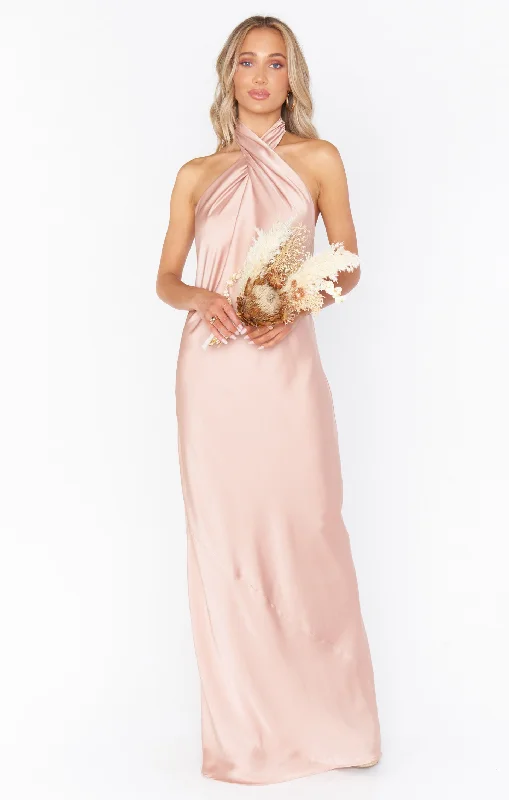 Jasmine Halter Maxi Dress ~ Rose Gold Luxe Satin Cozy Knitted Maxi Dress
