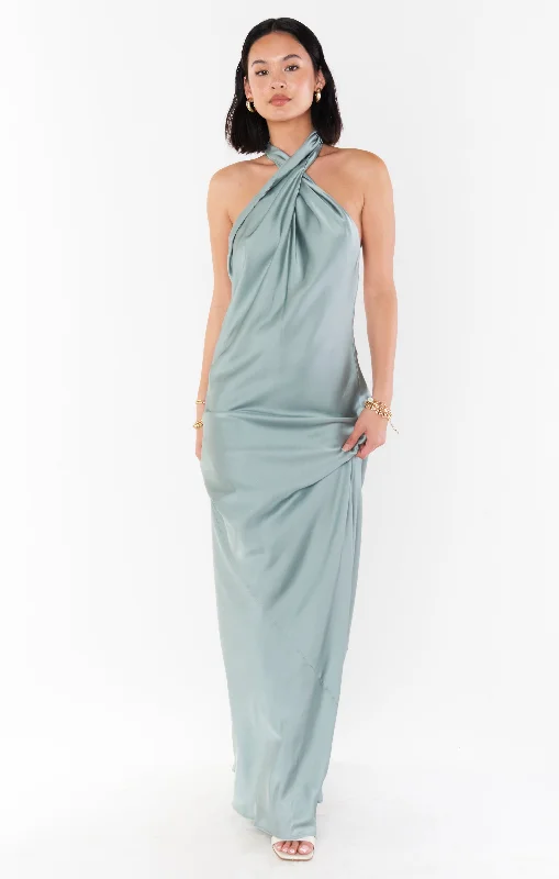 Jasmine Halter Maxi Dress ~ Silver Sage Luxe Satin Trendy Maxi Dress with Bow