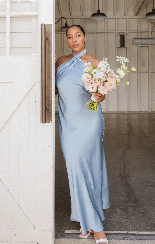 Jasmine Halter Maxi Dress ~ Steel Blue Luxe Satin Comfortable Long-Sleeve Maxi Dress Jasmine Halter Maxi Dress ~ Steel Blue Luxe Satin Comfortable Long-Sleeve Maxi Dress