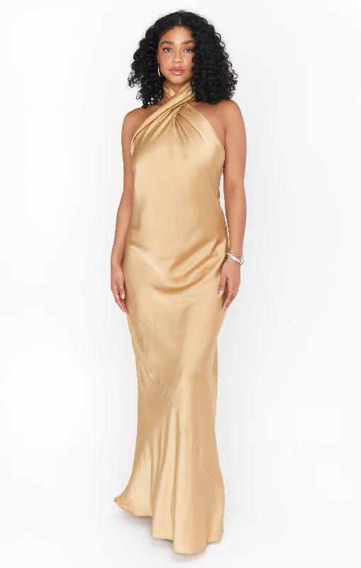 Jasmine Halter Maxi Dress ~ True Gold Luxe Satin Chic Off-Shoulder Maxi Dress
