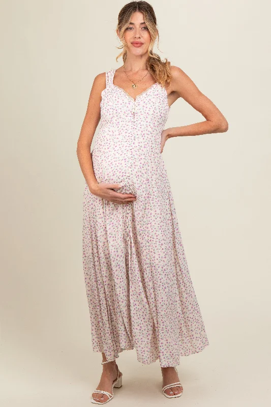 Lavender Floral Button Down Maternity Maxi Dress Comfortable Maxi Dress with Belt
