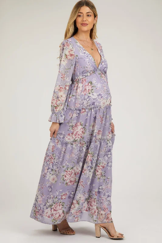 Lavender Floral Chiffon Deep V Ruffle Tiered Maternity Maxi Dress Chic Sleeveless Maxi Dress Lavender Floral Chiffon Deep V Ruffle Tiered Maternity Maxi Dress Chic Sleeveless Maxi Dress