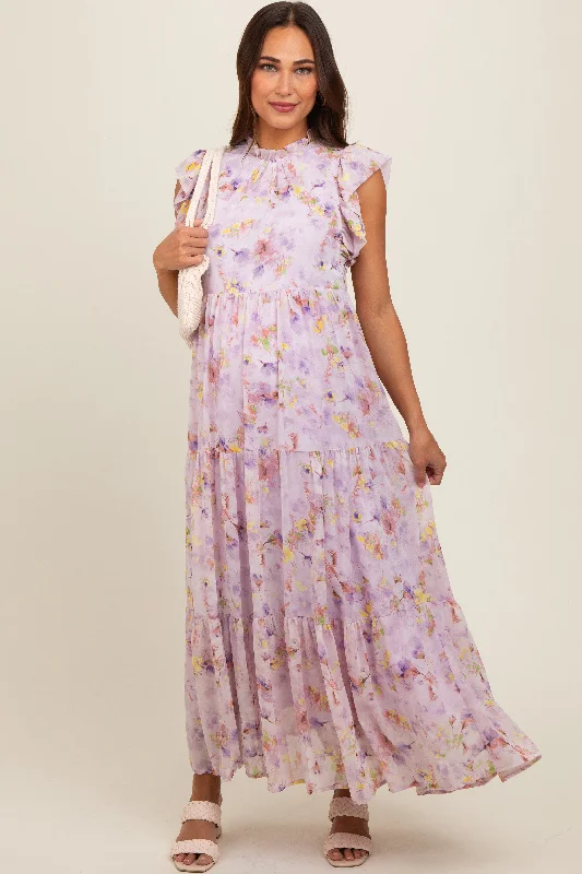 Lavender Floral Chiffon Ruffle Shoulder Tiered Maternity Maxi Dress Comfortable Flowy Maxi Dress Lavender Floral Chiffon Ruffle Shoulder Tiered Maternity Maxi Dress Comfortable Flowy Maxi Dress