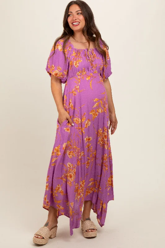 Lavender Floral Puff Sleeve Maternity Maxi Dress Comfortable Satin Maxi Dress