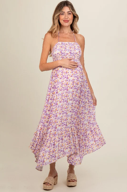 Lavender Floral Smocked Halter Flowy Maternity Maxi Dress Fashionable Open-Back Maxi Dress Lavender Floral Smocked Halter Flowy Maternity Maxi Dress Fashionable Open-Back Maxi Dress