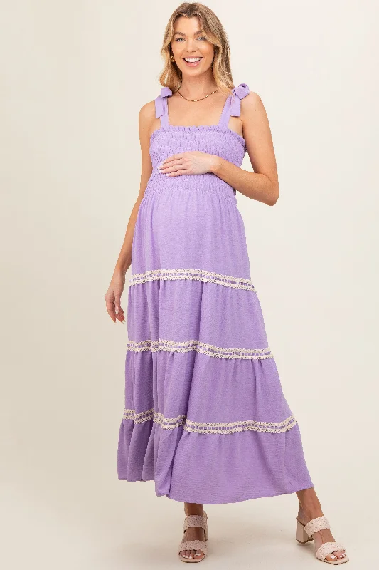 Lavender Smocked Maternity Maxi Dress Fashionable Halter Neck Maxi Dress