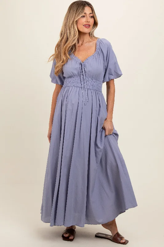 Lavender Smocked Puff Sleeve Maternity Maxi Dress Elegant Lace-Up Maxi Dress