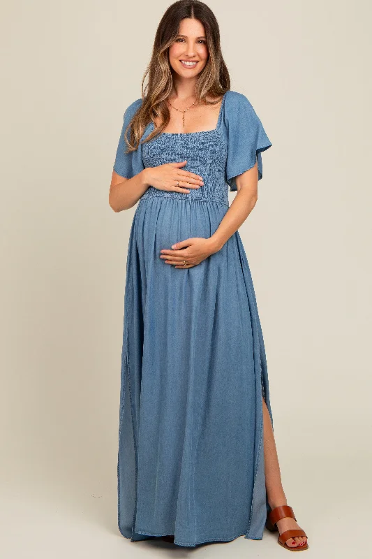 Light Blue Chambray Smocked Maternity Maxi Dress Cozy Knit Maxi Dress