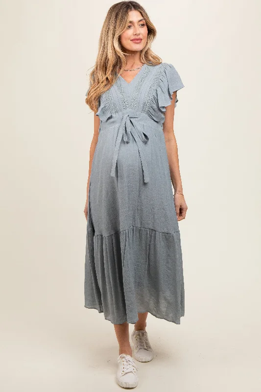 Light Blue Cuffed Sleeve Front Tie Maternity Maxi Dress Elegant Lace-Up Maxi Dress