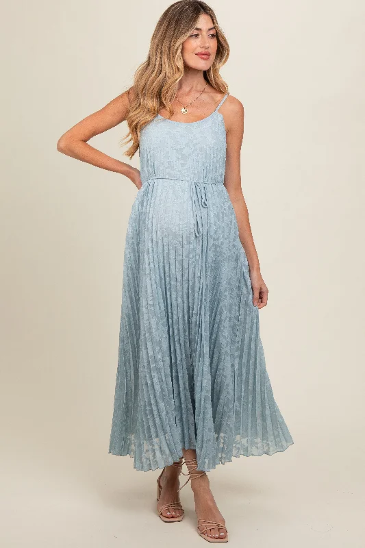Light Blue Floral Pleated Maternity Maxi Dress Cozy Ruffle Sleeve Maxi Dress