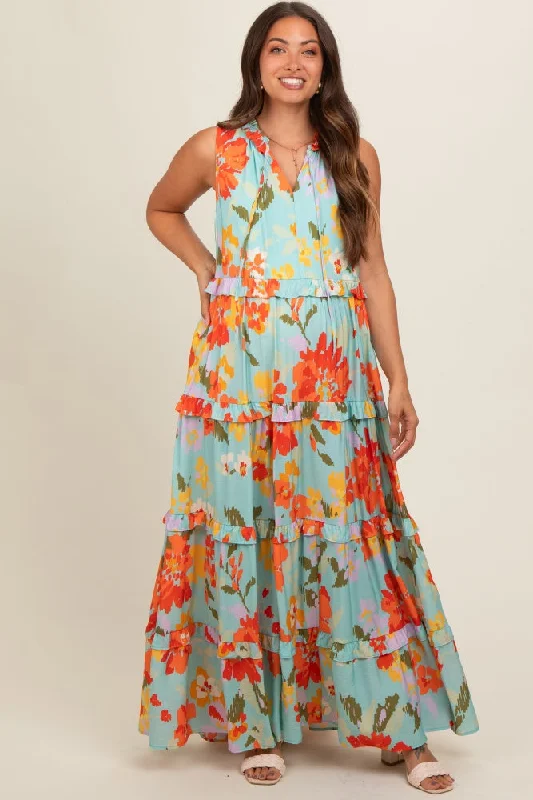 Light Blue Floral Sleeveless Ruffle Tiered Maternity Maxi Dress Casual Maxi Dress with Pockets Light Blue Floral Sleeveless Ruffle Tiered Maternity Maxi Dress Casual Maxi Dress with Pockets