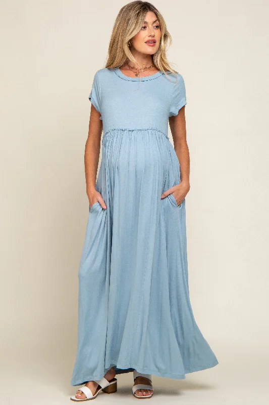 Light Blue Short Sleeve Pocketed Maternity Maxi Dress Elegant Lace-Up Maxi Dress