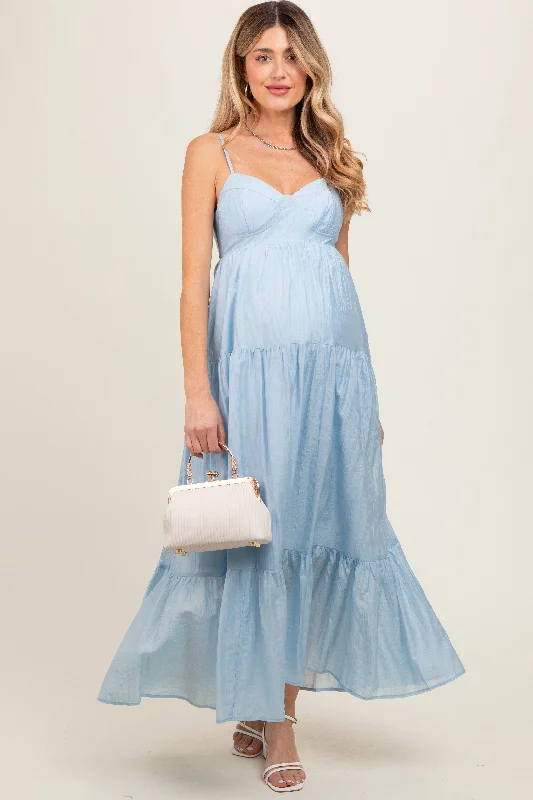Light Blue Sleeveless Tiered Maternity Maxi Dress Stylish Maxi Dress with Frills