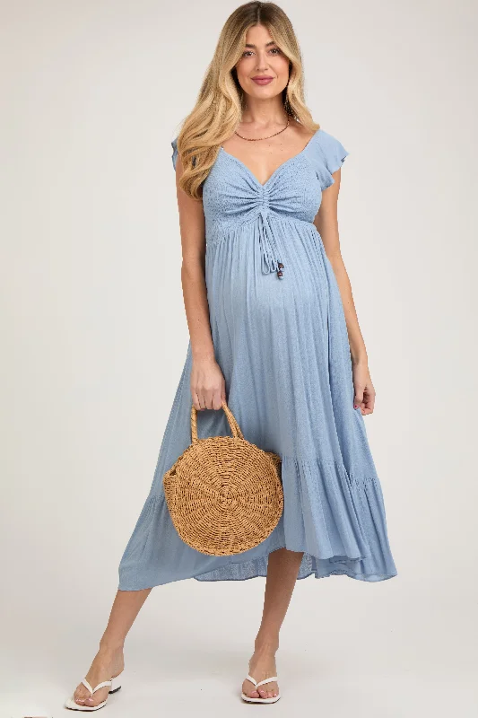 Light Blue Smocked Ruched Ruffle Hem Maternity Maxi Dress Trendy Floral Print Maxi Dress Light Blue Smocked Ruched Ruffle Hem Maternity Maxi Dress Trendy Floral Print Maxi Dress