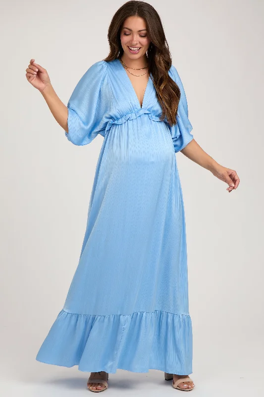 Light Blue Striped Ruffle Accent Maternity Maxi Dress Classic Solid Maxi Dress