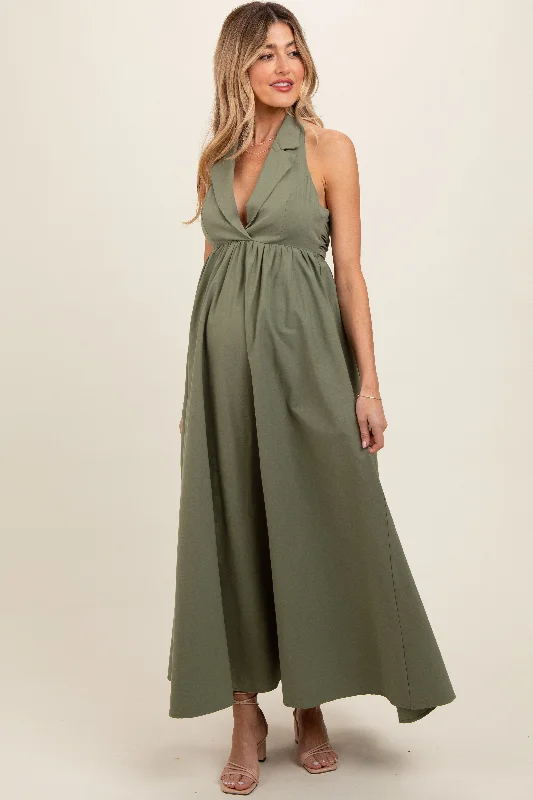 Light Olive Collared Halter Back Tie Maternity Maxi Dress Fashionable Open-Back Maxi Dress Light Olive Collared Halter Back Tie Maternity Maxi Dress Fashionable Open-Back Maxi Dress