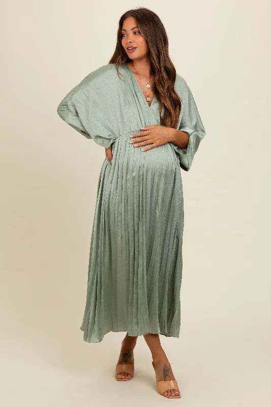 Light Olive Satin Pleated V-Neck Maternity Maxi Dress Comfortable Ruffle Hem Maxi Dress Light Olive Satin Pleated V-Neck Maternity Maxi Dress Comfortable Ruffle Hem Maxi Dress