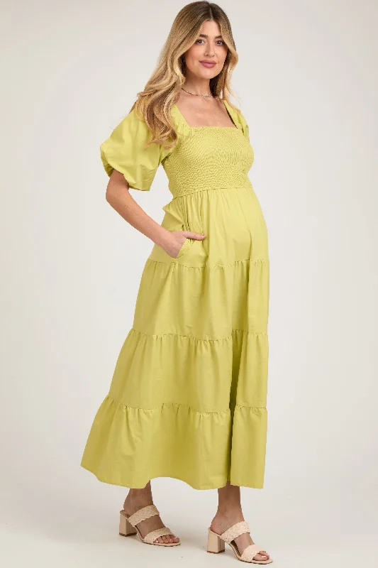 Light Olive Smocked Square Neck Puff Sleeve Tiered Maternity Maxi Dress Fashionable Chiffon Tiered Maxi Dress Light Olive Smocked Square Neck Puff Sleeve Tiered Maternity Maxi Dress Fashionable Chiffon Tiered Maxi Dress