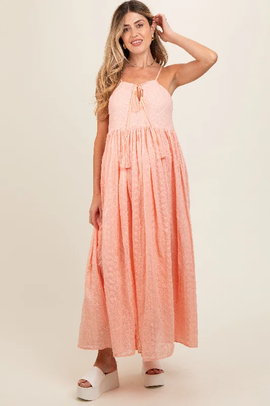Light Pink Embroidered Tassel Tie Maternity Maxi Dress Elegant Maxi Dress with Belt