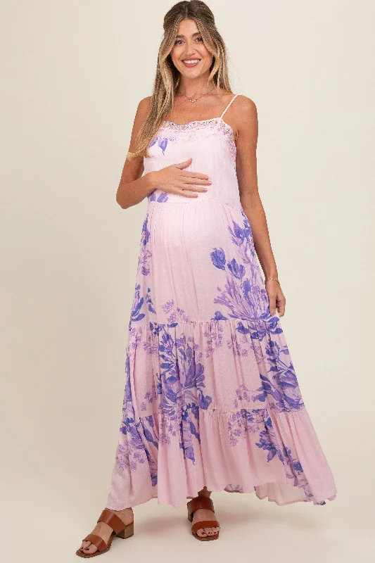 Light Pink Floral Lace Loose Fit Maternity Maxi Dress Comfortable Plunging Neckline Maxi Dress Light Pink Floral Lace Loose Fit Maternity Maxi Dress Comfortable Plunging Neckline Maxi Dress