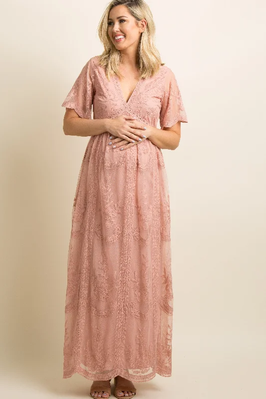 Light Pink Lace Mesh Overlay Maternity Maxi Dress Trendy Maxi Dress with Bow