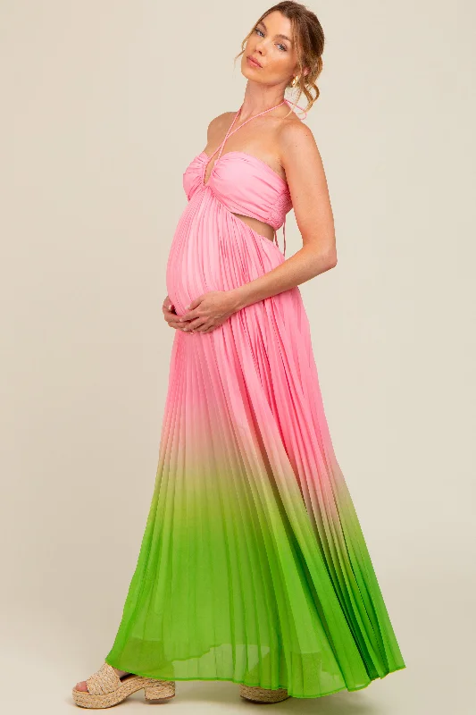 Light Pink Ombre Pleated Halter Cutout Maternity Maxi Dress Chic Sleeveless Maxi Dress