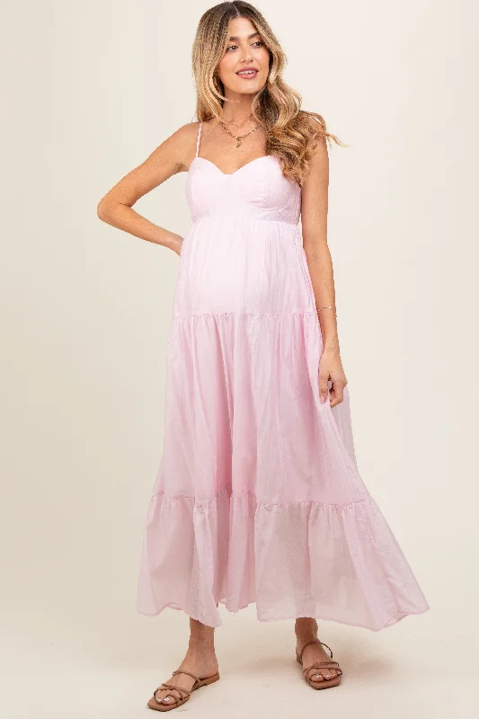 Light Pink Sleeveless Tiered Maternity Maxi Dress Stylish Boho Maxi Dress