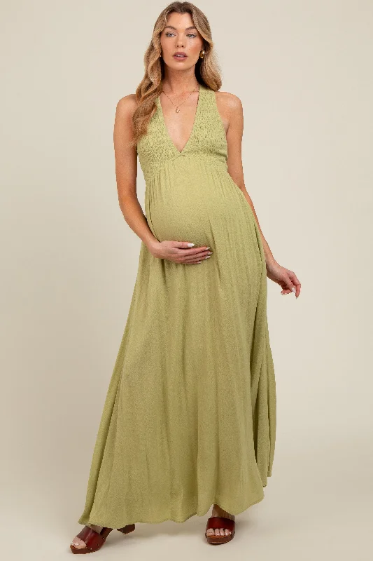 Lime Deep V-Neck Cross Back Maternity Maxi Dress Stylish Button-Up Maxi Dress
