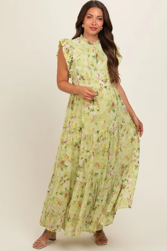 Lime Floral Chiffon Ruffle Shoulder Tiered Maternity Maxi Dress Classic V-Neck Maxi Dress Lime Floral Chiffon Ruffle Shoulder Tiered Maternity Maxi Dress Classic V-Neck Maxi Dress